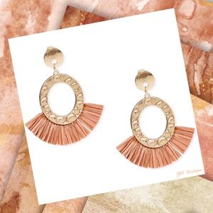 New Gold & Tan Brown Hammered Metal Fringe Drop Post Statement Fashion Earring